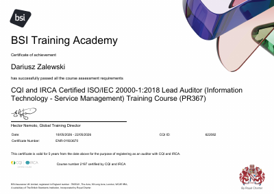 ISO/IEC 20000-1:2018 Lead Auditor certificate