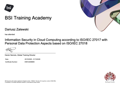 ISO/IEC 27017 and ISO/IEC 27018 cloud security training certificate